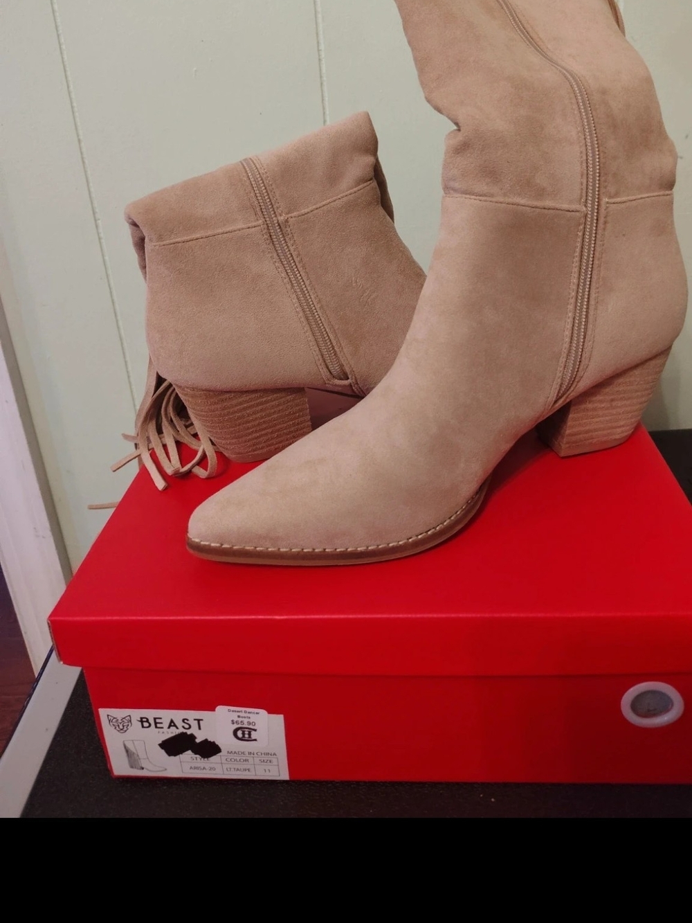 BEAST FASHION Suede Pointed Ankle Fringe Boots in Light Beige
